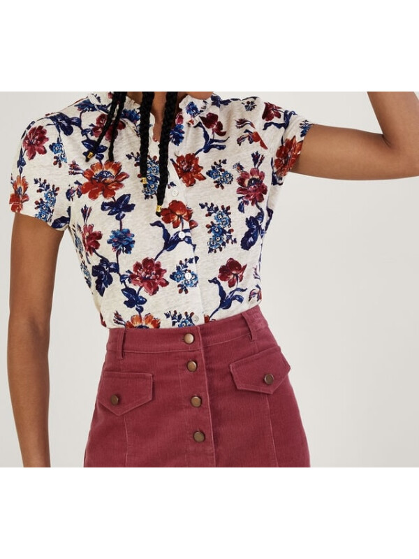 Top cu imprimeu floral și mâneci scurte din in