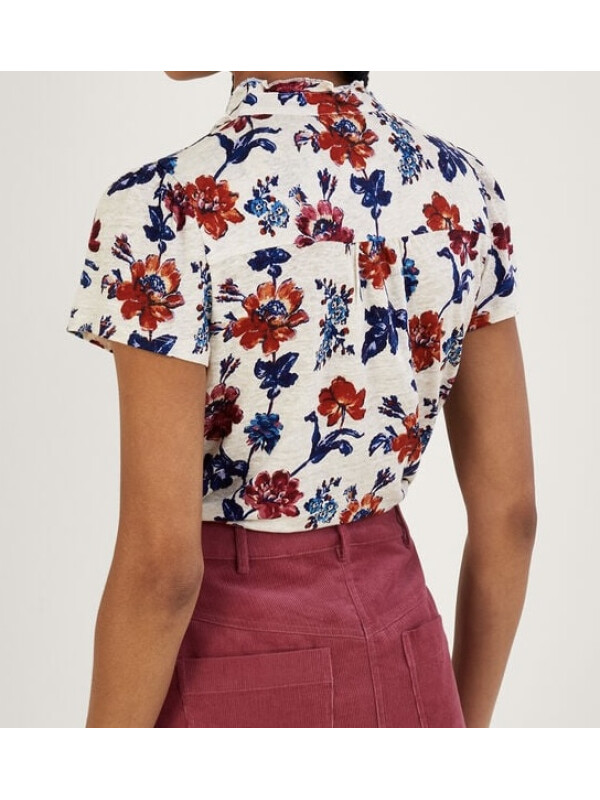 Top cu imprimeu floral și mâneci scurte din in-Multicolor-S