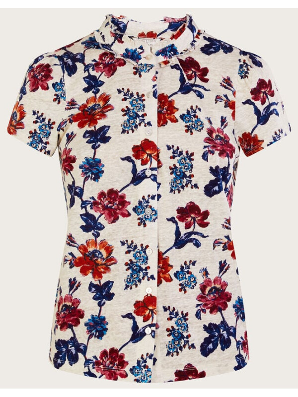 Top cu imprimeu floral și mâneci scurte din in-Multicolor-S