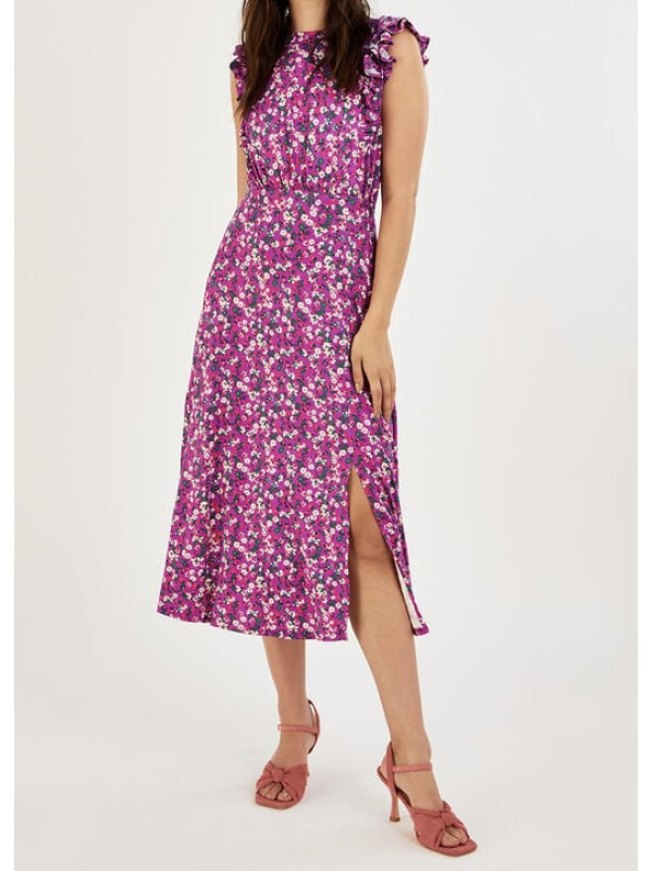 Rochie mov midi fără mâneci, cu volănașe și imprimeu floral mărunt-Mov-L