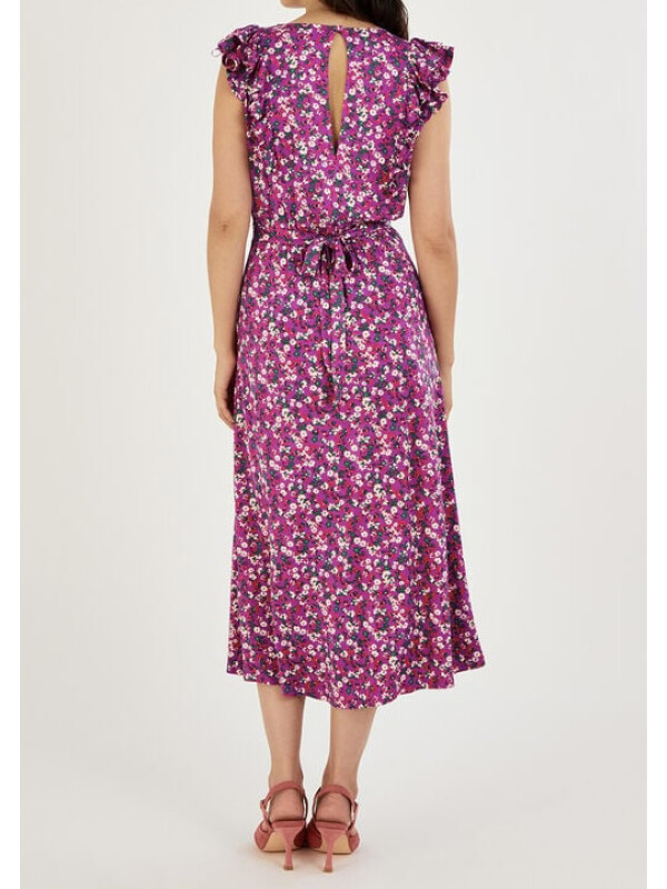 Rochie mov midi fără mâneci, cu volănașe și imprimeu floral mărunt-Mov-L