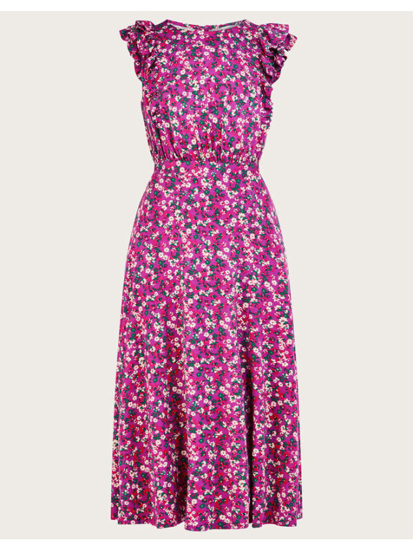 Rochie mov midi fără mâneci, cu volănașe și imprimeu floral mărunt