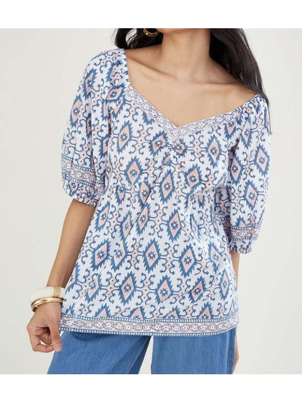 ARTISAN STUDIO – Bluză roz cu mâneci scurte, decorată cu imprimeu tip woodblock