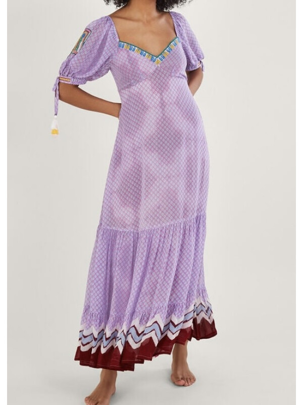 Rochie maxi mov cu imprimeu, detalii în stil chevron pe margini.-Mov-L