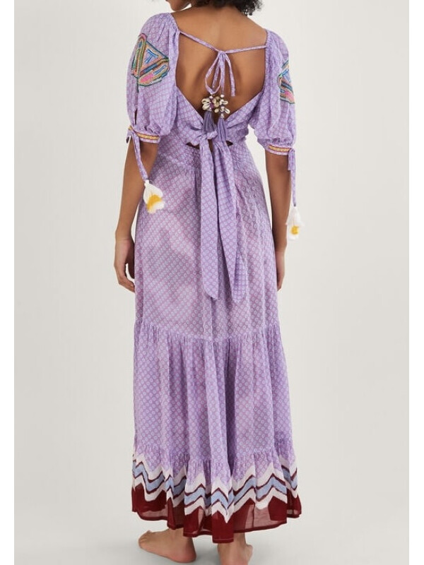 Rochie maxi mov cu imprimeu, detalii în stil chevron pe margini.-Mov-L