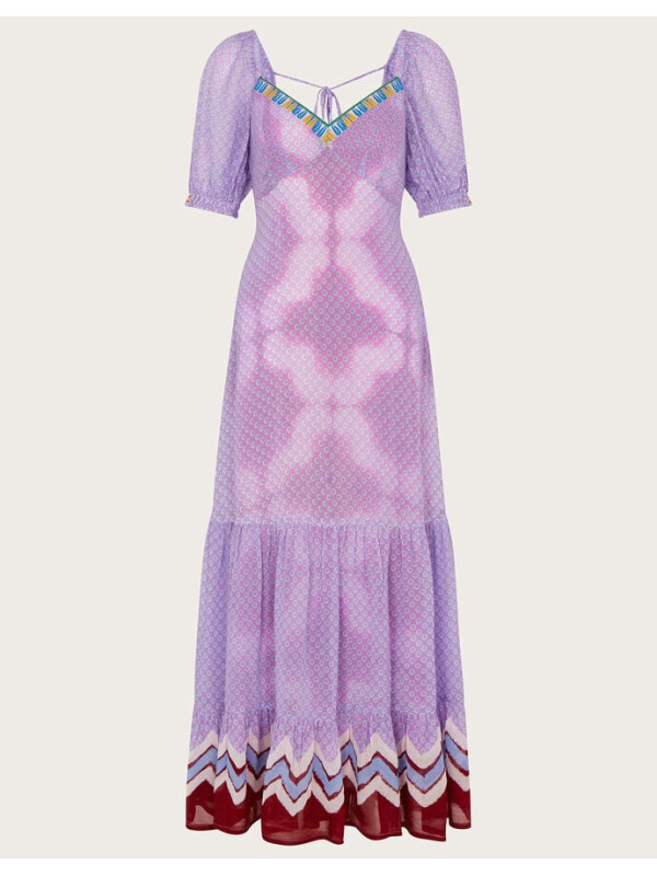 Rochie maxi mov cu imprimeu, detalii în stil chevron pe margini.