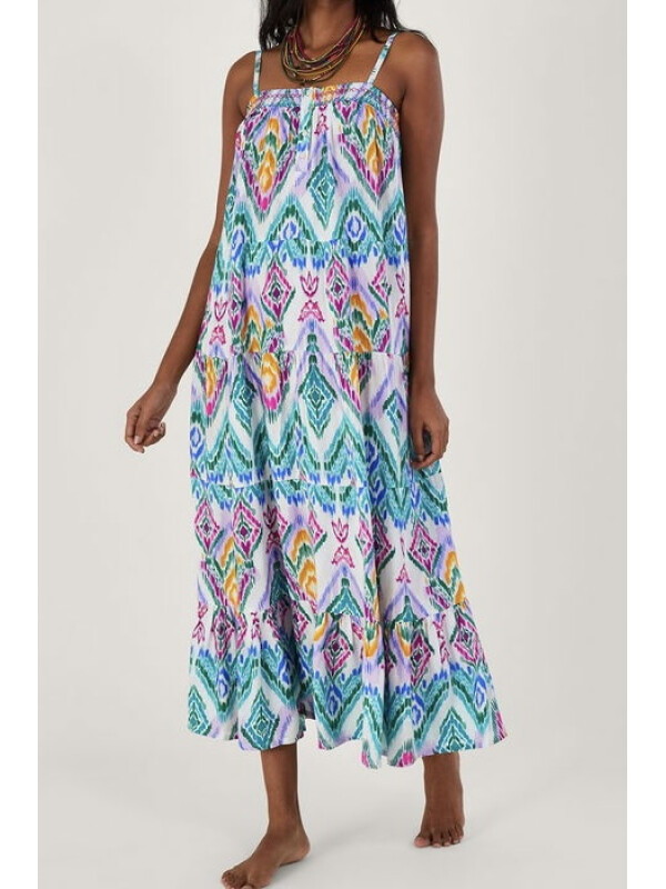 Rochie midi cu bretele, în stil cami, cu imprimeu Ikat și fustă cu volane