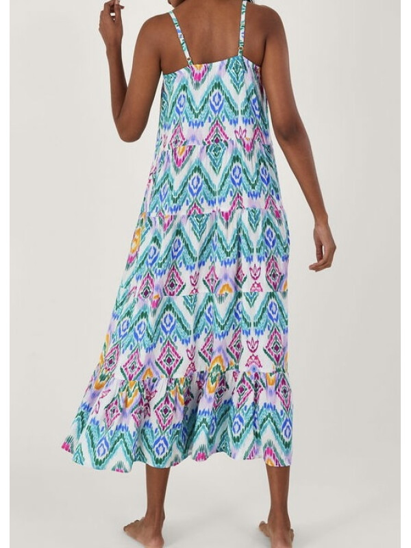 Rochie midi cu bretele, în stil cami, cu imprimeu Ikat și fustă cu volane