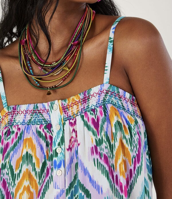 Rochie midi cu bretele, în stil cami, cu imprimeu Ikat și fustă cu volane-Mov-M