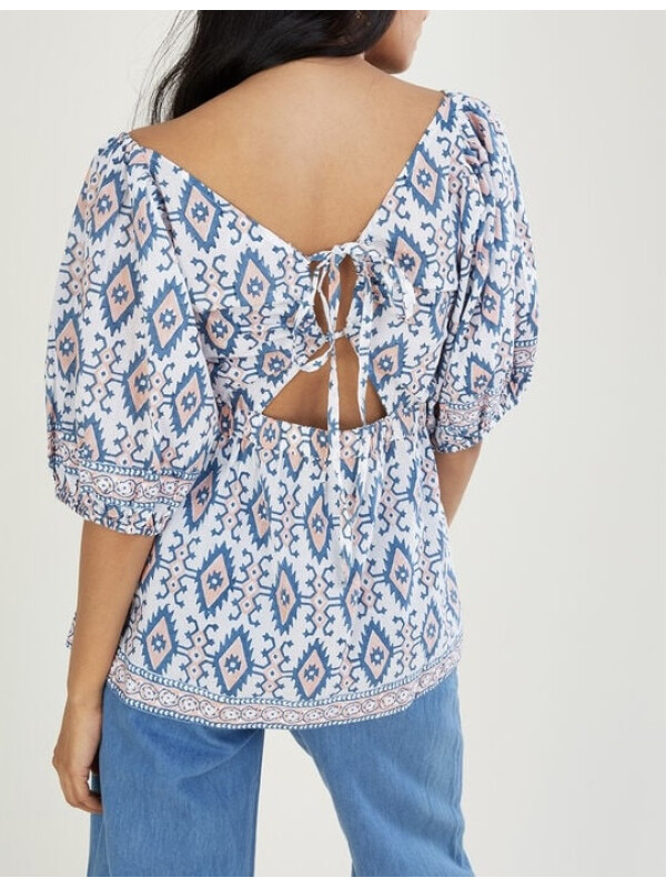 ARTISAN STUDIO – Bluză roz cu mâneci scurte, decorată cu imprimeu tip woodblock