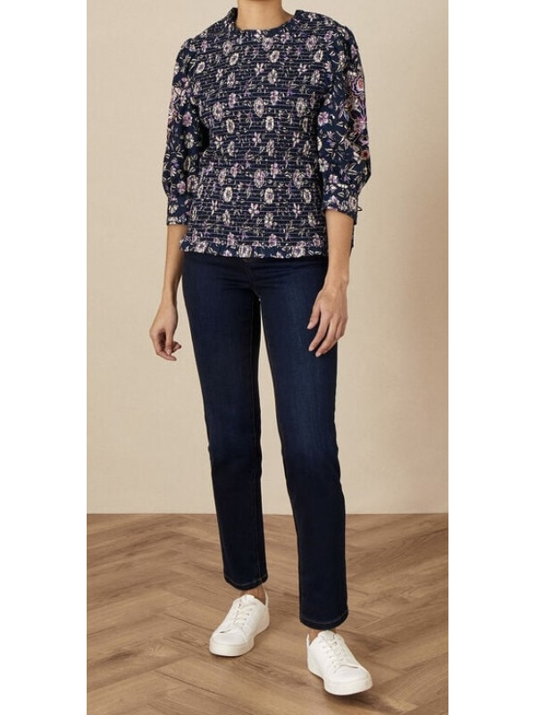 Bluză cu imprimeu floral și fronseuri -Bleumarin-42