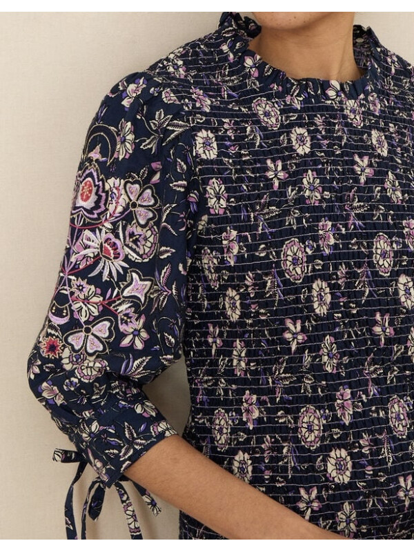 Bluză cu imprimeu floral și fronseuri -Bleumarin-42