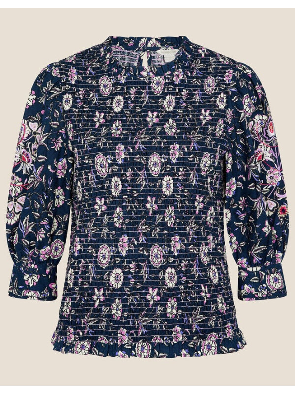 Bluză cu imprimeu floral și fronseuri -Bleumarin-42