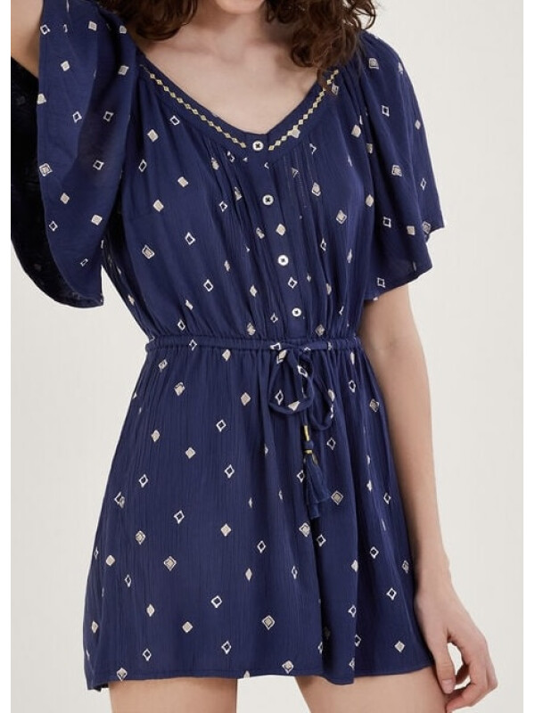 Salopetă scurtă albastră cu imprimeu decorativ-Bleumarin-S