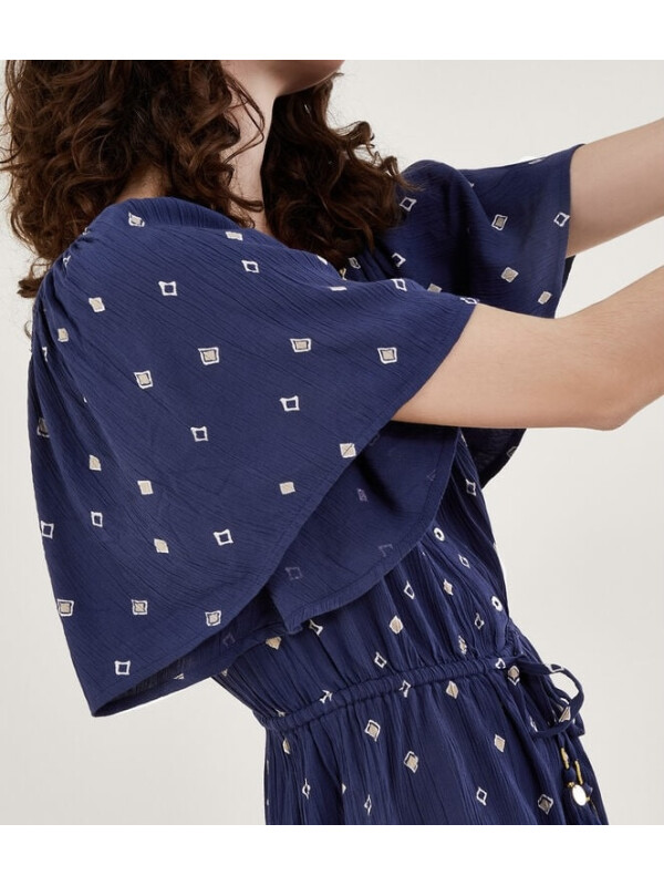 Salopetă scurtă albastră cu imprimeu decorativ-Bleumarin-S