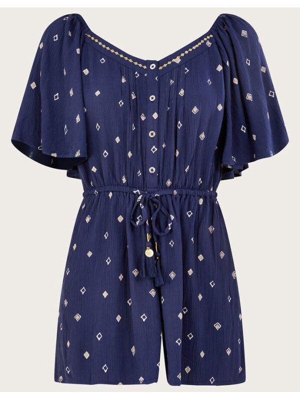 Salopetă scurtă albastră cu imprimeu decorativ