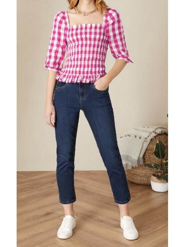 Bluză roz cu carouri gingham și corsaj fronsat-Roz-XL