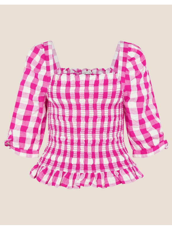 Bluză roz cu carouri gingham și corsaj fronsat-Roz-L