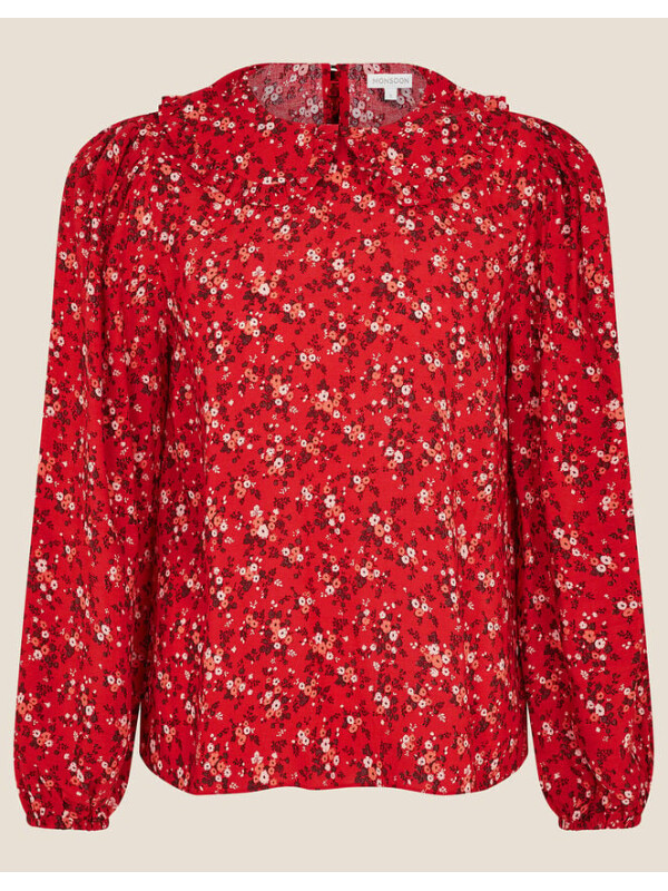 Bluză cu guler cu volane și imprimeu floral mărunt