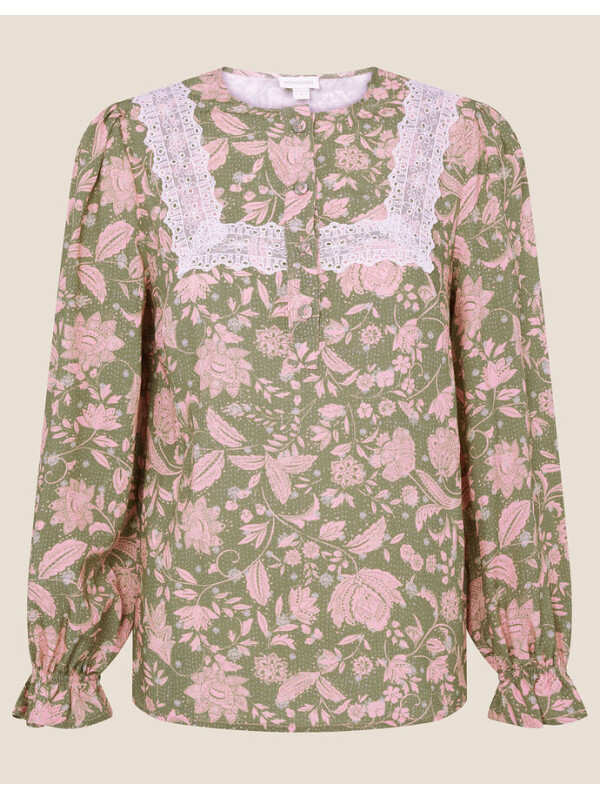 Bluză verde cu imprimeu floral și inserții din dantelă-Verde-48