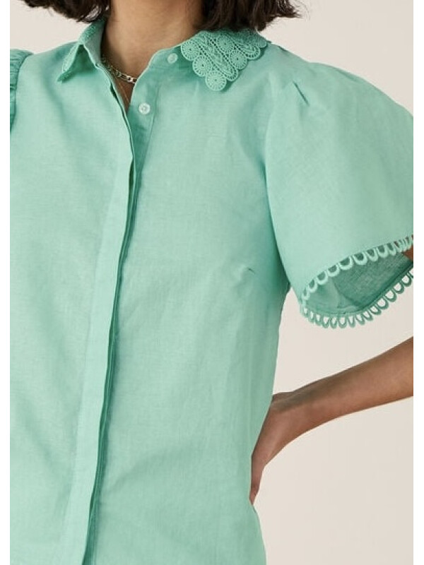 Cămașă cu guler din dantelă, din amestec de in-Verde-M