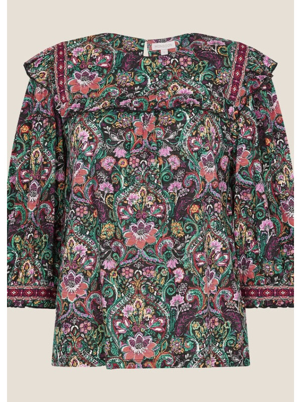 Bluză neagră cu imprimeu patchwork și broderie-Negru-M