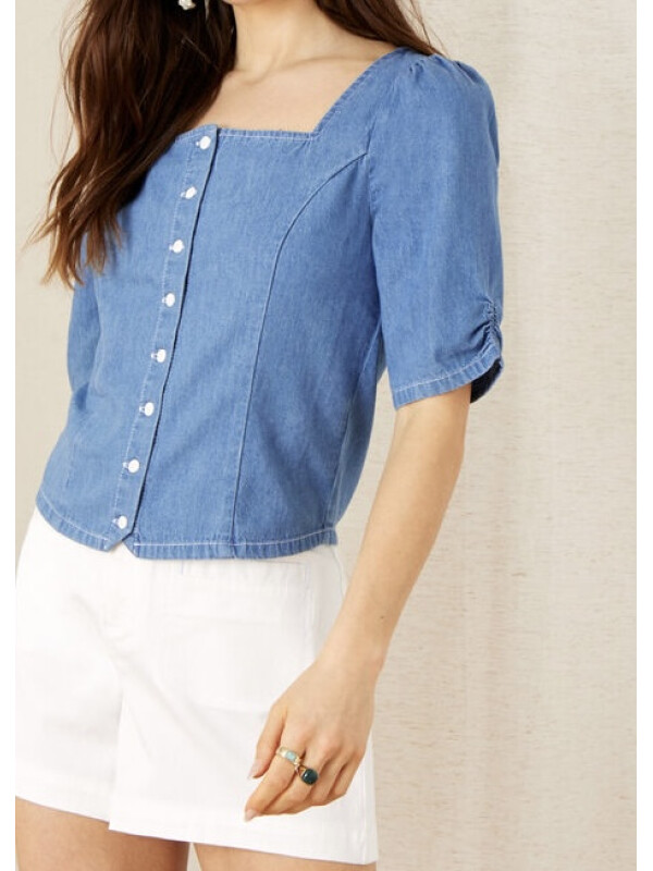 Top din denim cu decolteu pătrat-Albastru-46