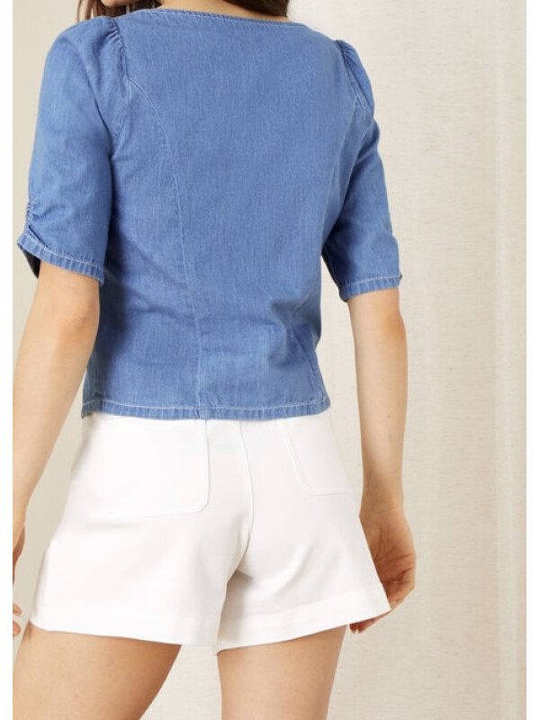 Top din denim cu decolteu pătrat-Albastru-46