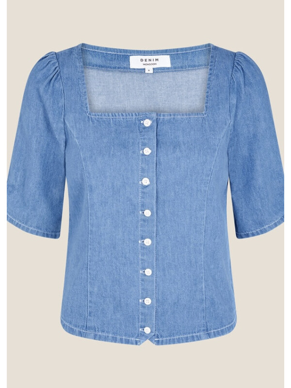 Top din denim cu decolteu pătrat-Albastru-46