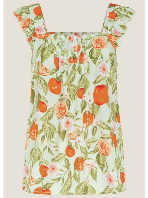 Top verde mint, fără mâneci cu imprimeu fructe, realizat din LENZING™ ECOVERO™