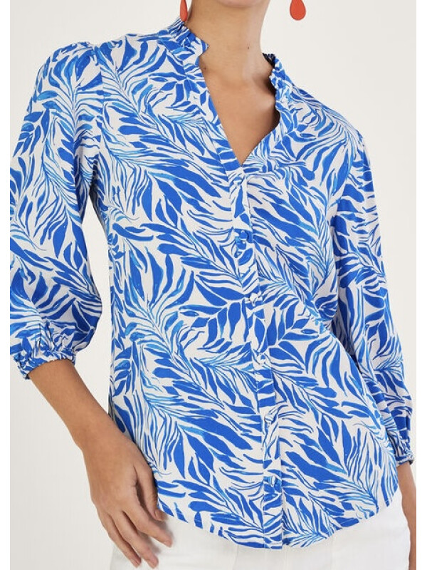 Bluză albastră Florence cu imprimeu frunze-Albastru-M