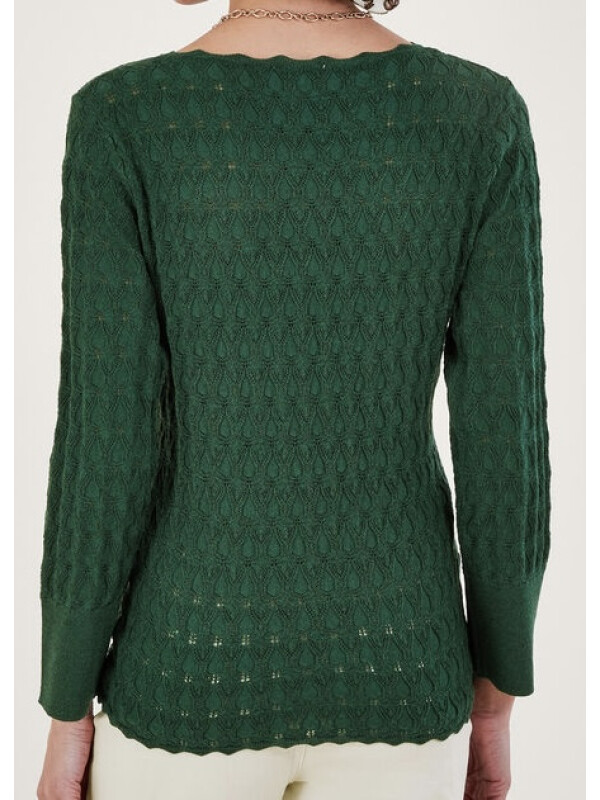 Pulover verde cu model pointelle, din poliester reciclat