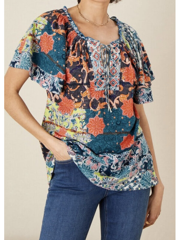 Top albastru Sufja din jerseu cu imprimeu-Multicolor-S