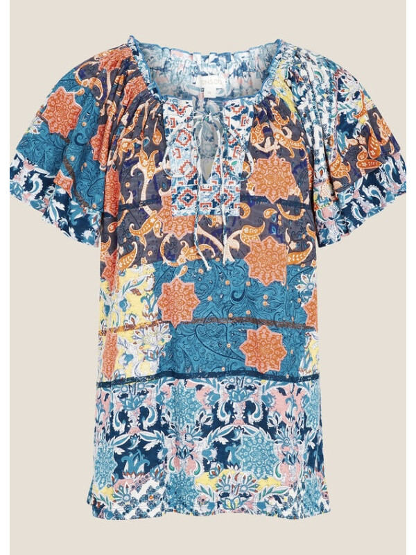 Top albastru Sufja din jerseu cu imprimeu-Multicolor-S