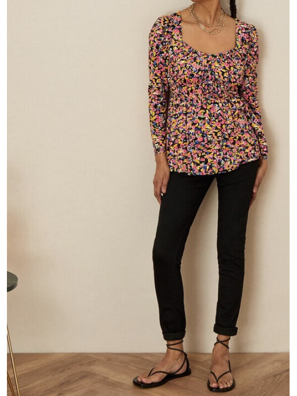 Top din jerseu cu mâneci lungi și imprimeu floral multicolor-Multicolor-XL