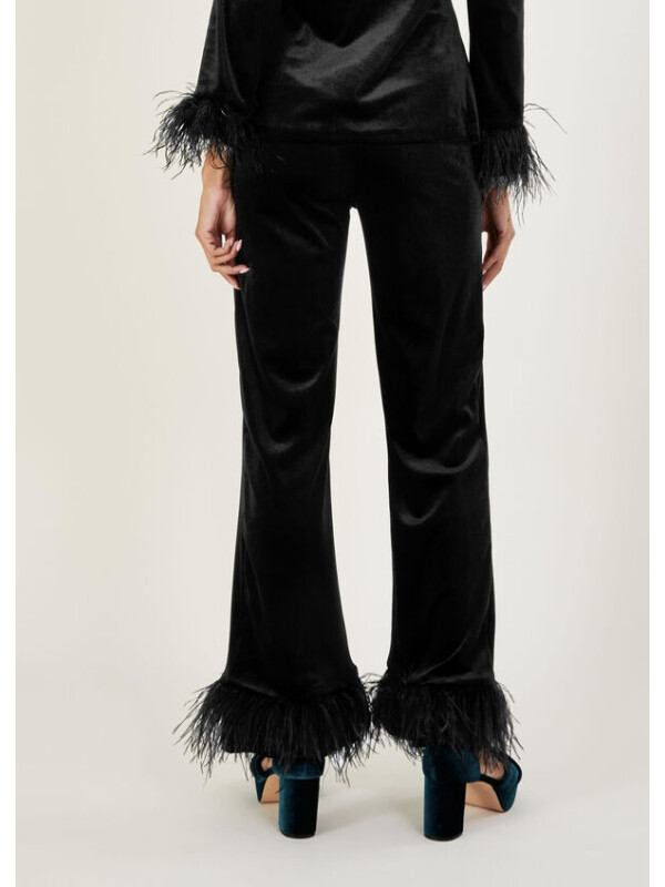 Pantaloni negri Raegan din catifea cu detalii tip pene-Negru-50