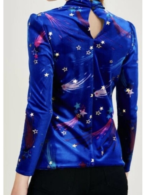 Bluză Ginny albastră din catifea elastică cu imprimeu stele