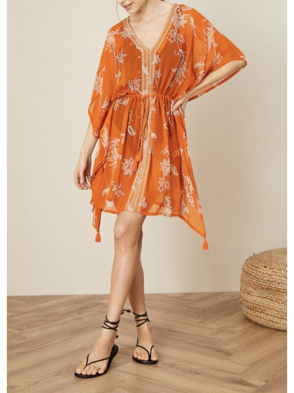 Kaftan Kai cu imprimeu, din viscoză sustenabilă, portocaliu-Portocaliu-S