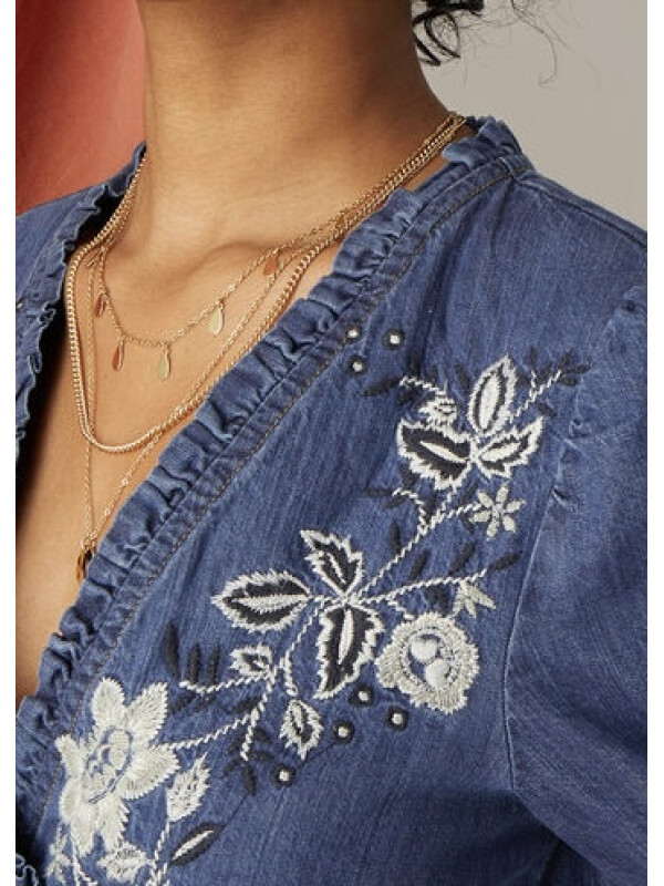 Rochie Dianna tip wrap din denim albastru, cu broderie