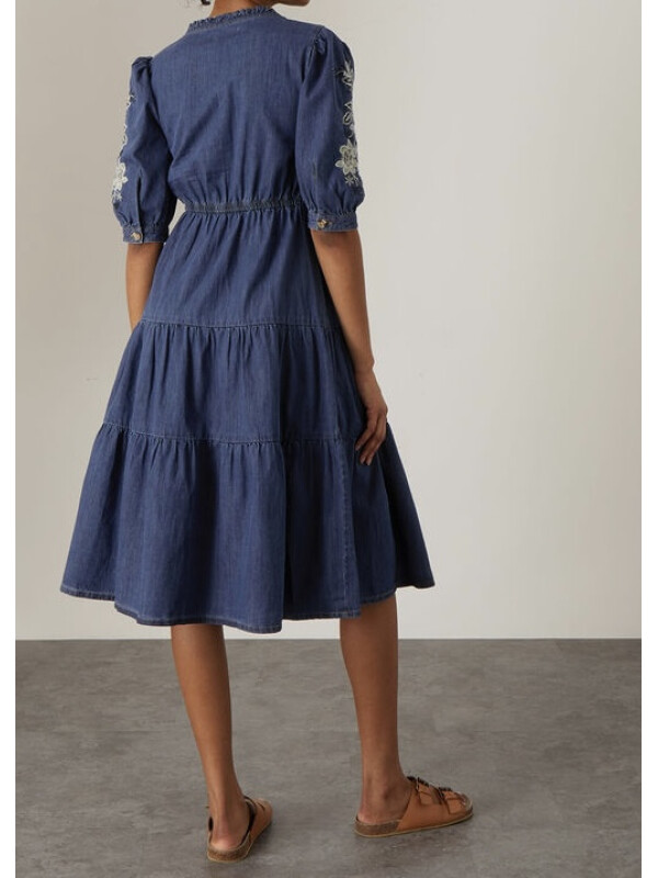 Rochie Dianna tip wrap din denim albastru, cu broderie