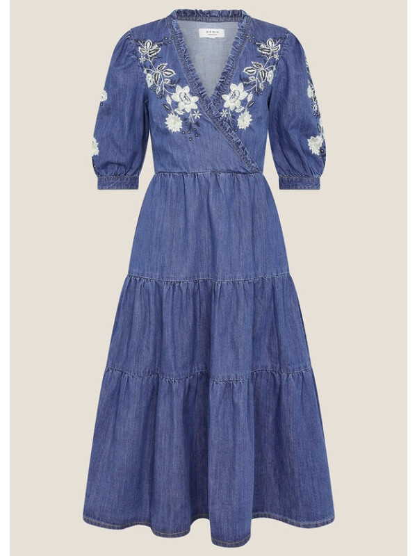 Rochie Dianna tip wrap din denim albastru, cu broderie