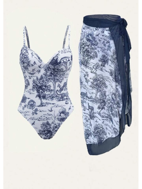 Costum de baie intreg și fustă cu nod lateral swim oasis – Set de vară cu imprimeu floral și animal print, 2XL