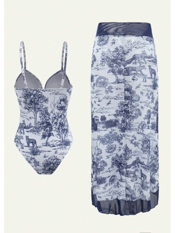 Costum de baie intreg și fustă cu nod lateral swim oasis – Set de vară cu imprimeu floral și animal print-Alb-XXL