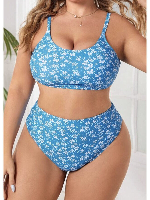 Costum de baie bikini plus size,model de vară cu imprimeu floral delicat și croială sexy-Albastru-3XL