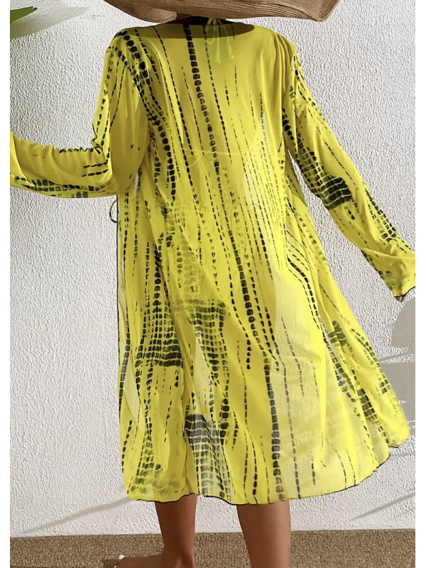 Set bikini cu dungi tie-dye,sutein și slip uni, cu cover-up asortat pentru plajă