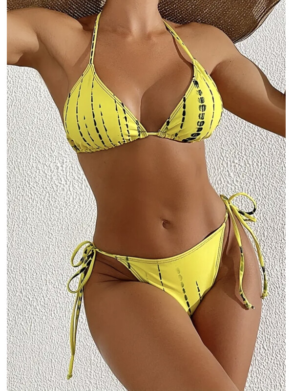 Set bikini cu dungi tie-dye,sutein și slip uni, cu cover-up asortat pentru plajă