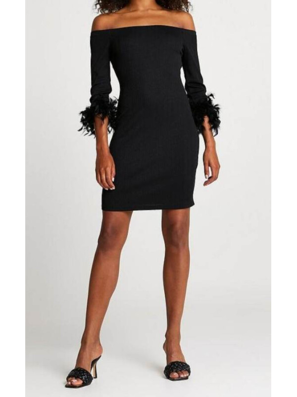 rochie_bardot_mini_neagra_cu_pene_river_island_1