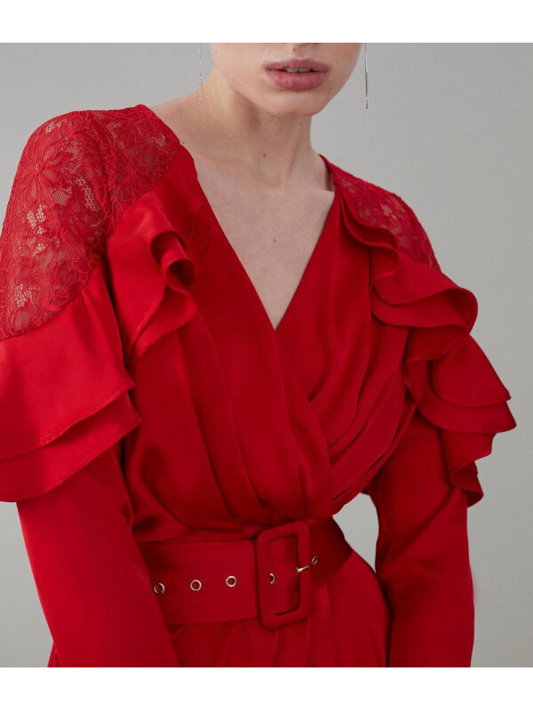 ROCHIE CU DANTELA SI VOLANE-Rosu