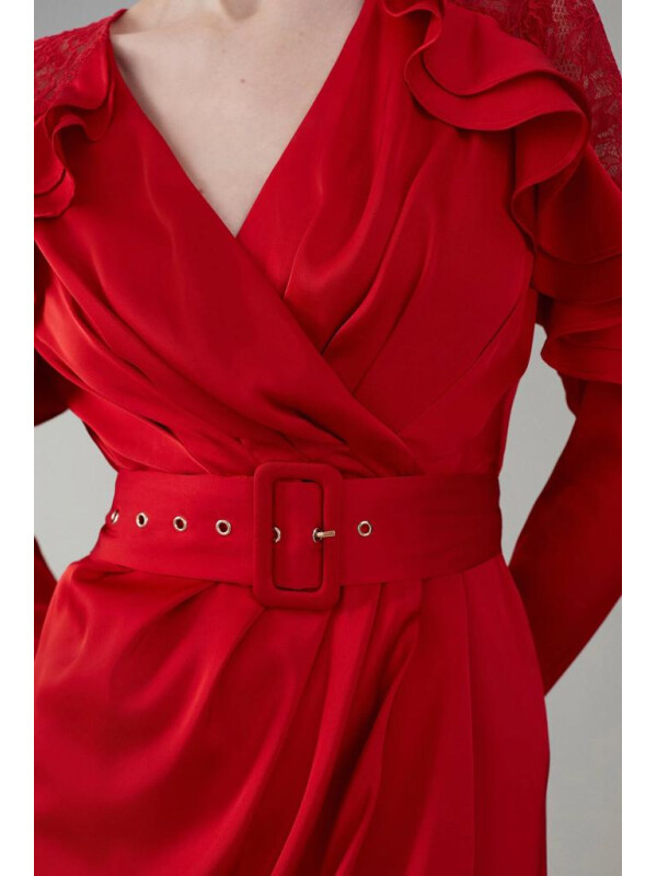 ROCHIE CU DANTELA SI VOLANE-Rosu