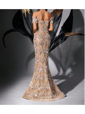 Rochie elegantă de petrecere cu paiete și mărgele, cu umeri goi